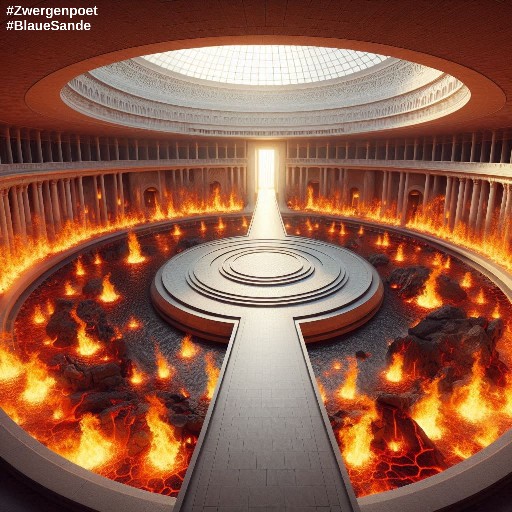 In der Mitte des runden Saales ist eine kreisförmige Plattform. Die abzweigenden Pflasterwege verbinden die gegenüberliegenden Zugänge. Magma und Feuer schießen zu beiden Seiten der Wege in die Höhe.